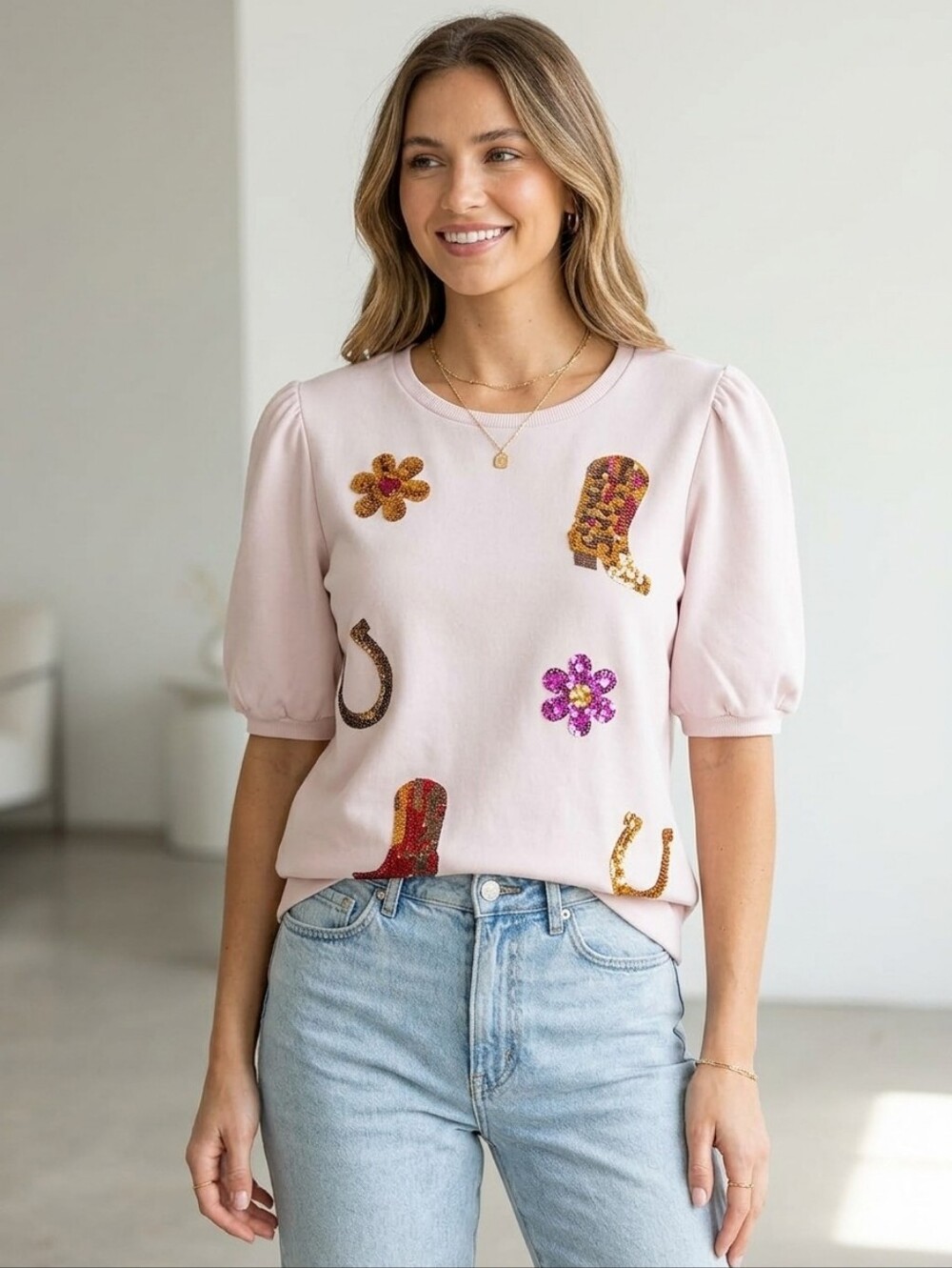 Mesh + Love NWT Light Pink Puff Sleeve Embellished Top, Size XL